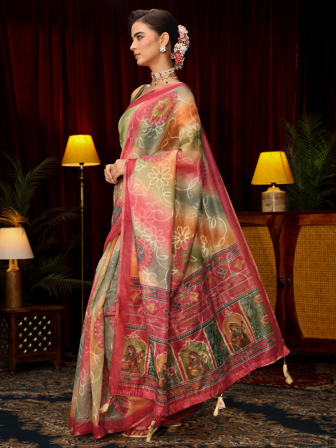 Libas Multi Coloured Floral Embroidered Silk Blend Saree
