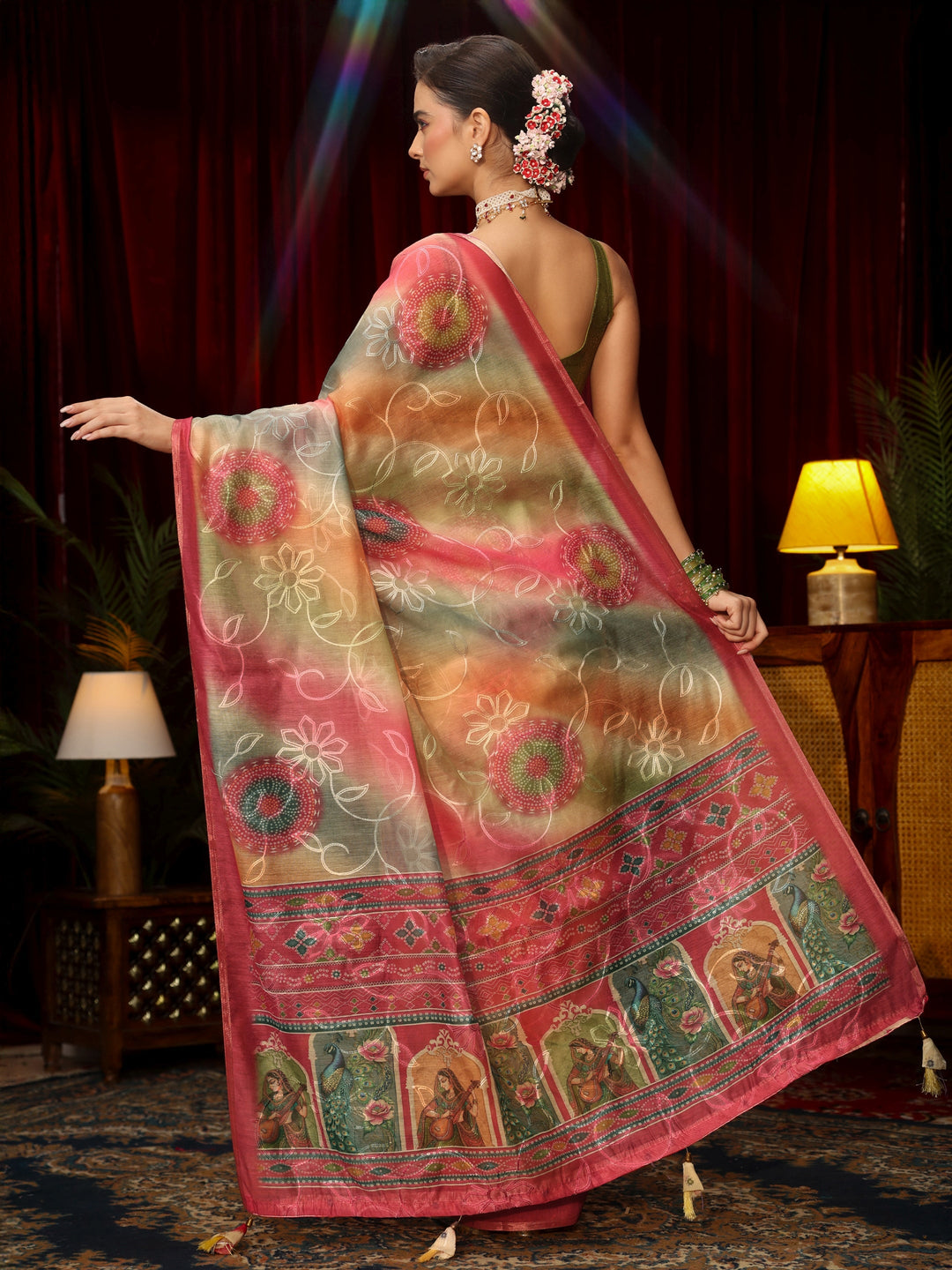 Libas Multi Coloured Floral Embroidered Silk Blend Saree
