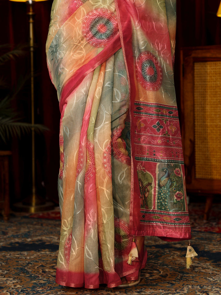 Libas Multi Coloured Floral Embroidered Silk Blend Saree
