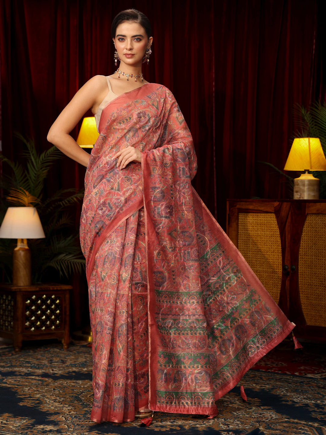 Libas Rust Brown Floral Embroidered Silk Blend Saree