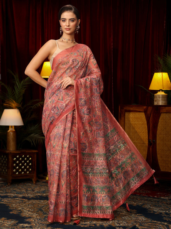 Libas Rust Brown Floral Embroidered Silk Blend Saree