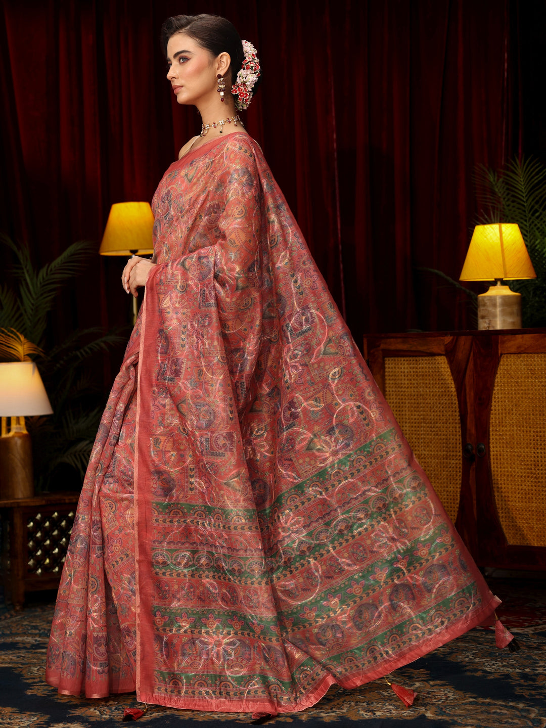 Libas Rust Brown Floral Embroidered Silk Blend Saree