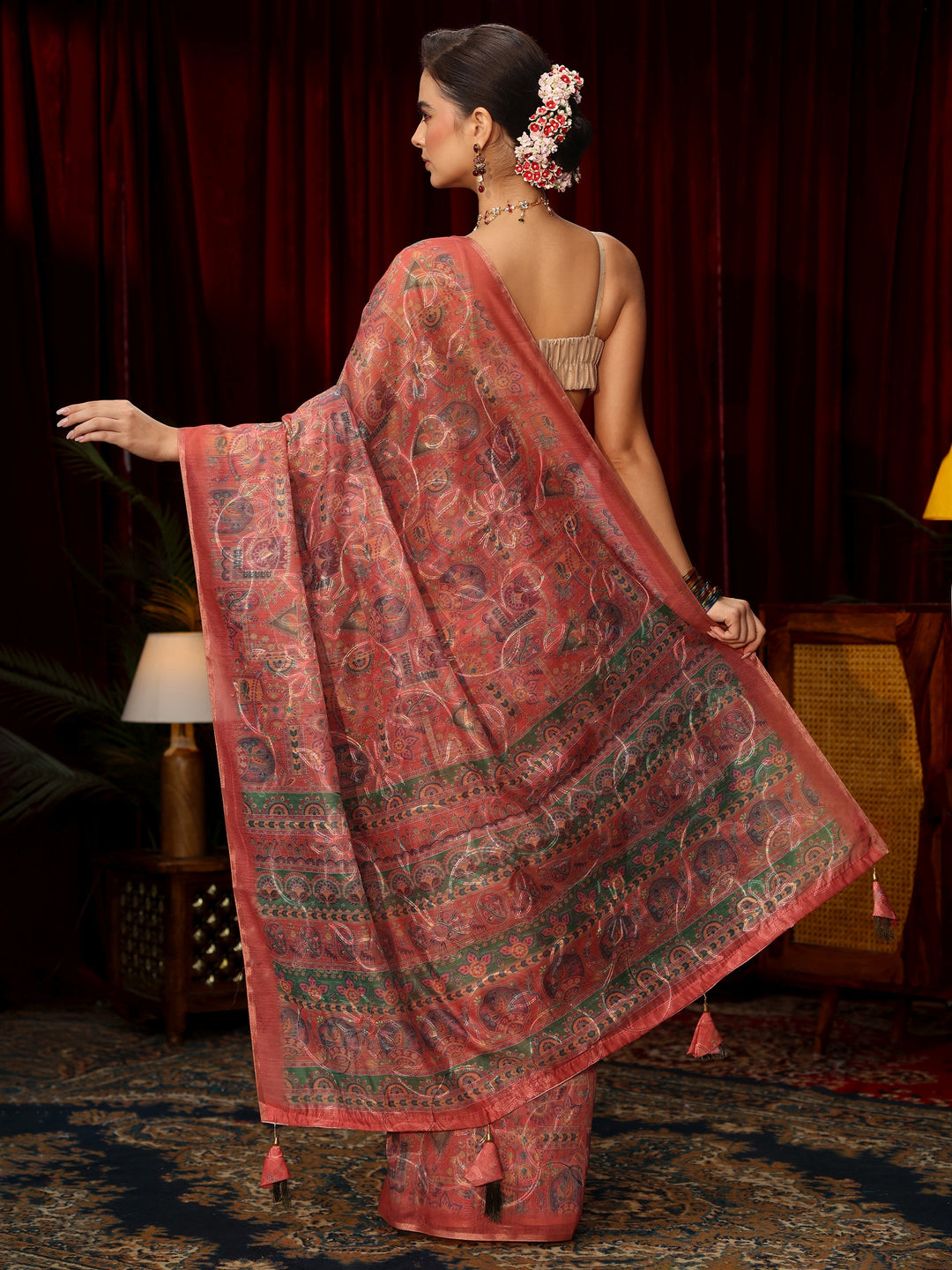 Libas Rust Brown Floral Embroidered Silk Blend Saree