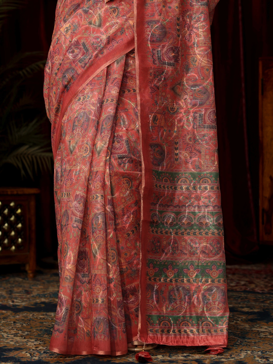 Libas Rust Brown Floral Embroidered Silk Blend Saree