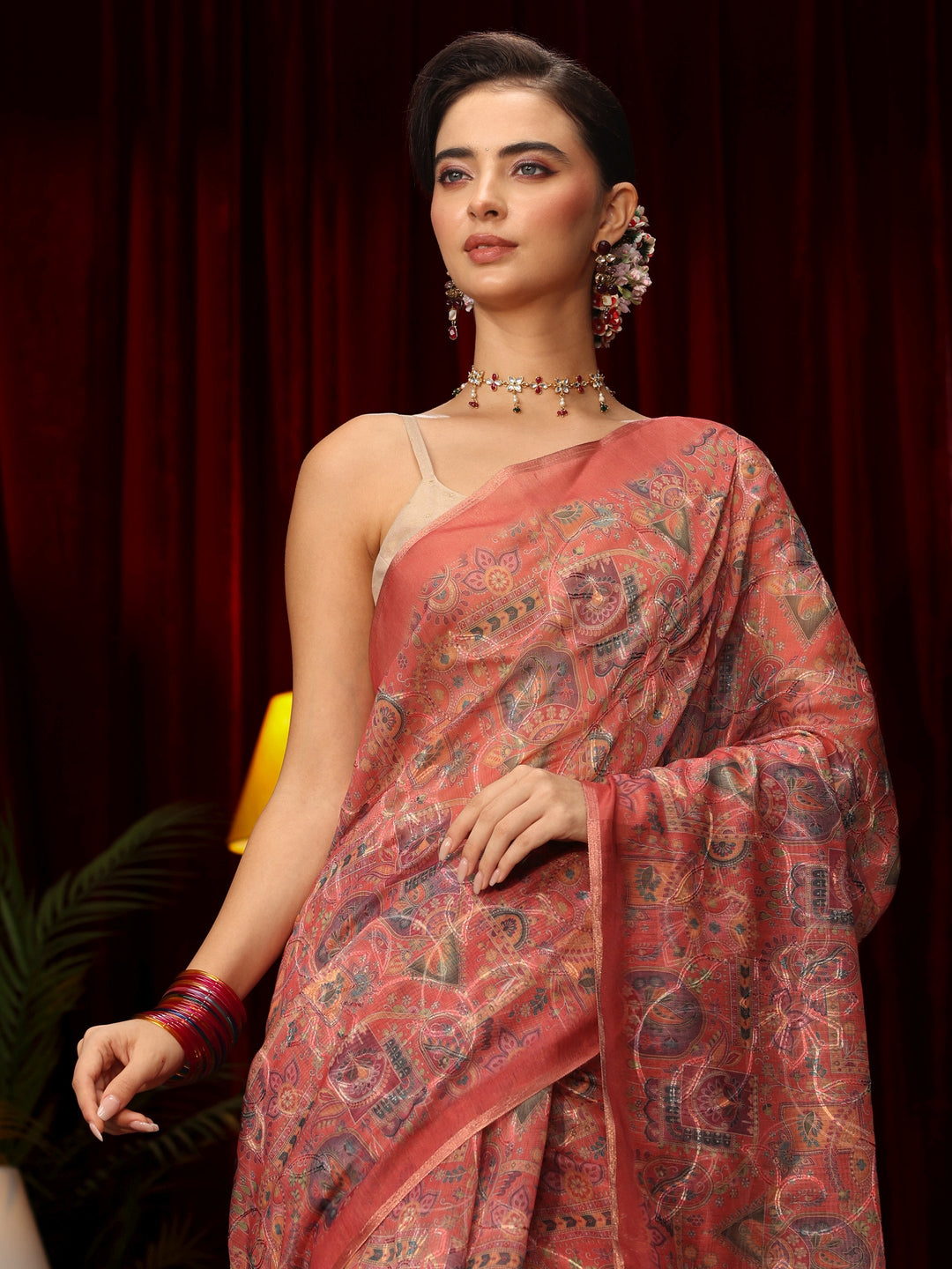 Libas Rust Brown Floral Embroidered Silk Blend Saree