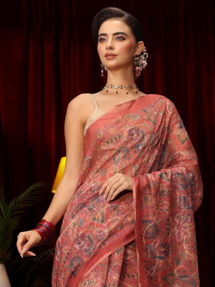 Libas Rust Brown Floral Embroidered Silk Blend Saree