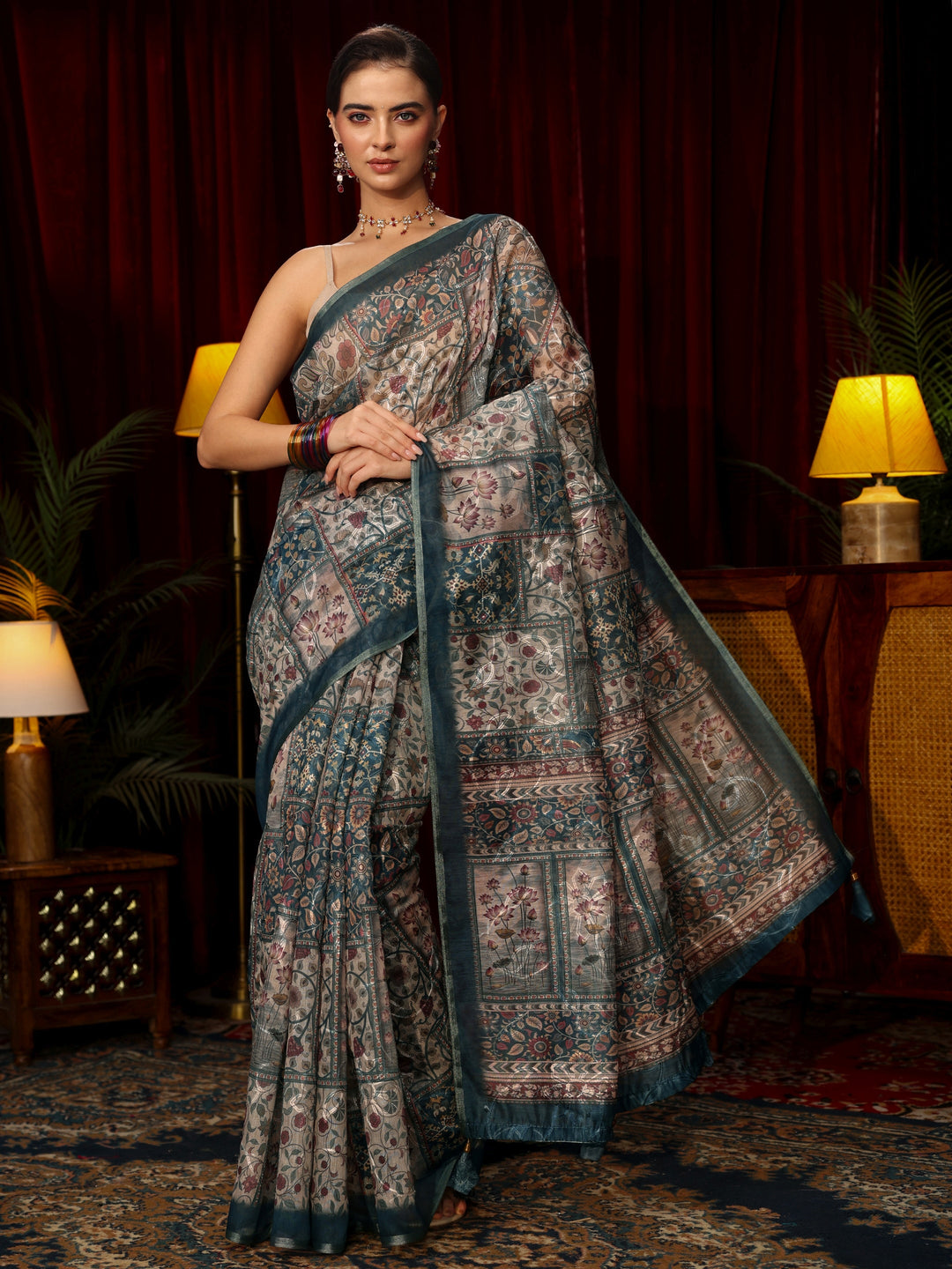 Libas Blue Floral Embroidered Silk Blend Saree