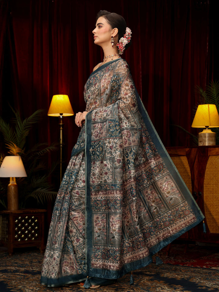 Libas Blue Floral Embroidered Silk Blend Saree