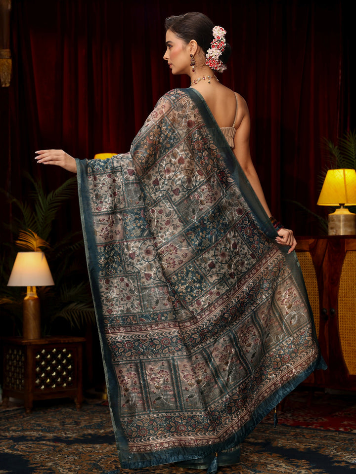 Libas Blue Floral Embroidered Silk Blend Saree