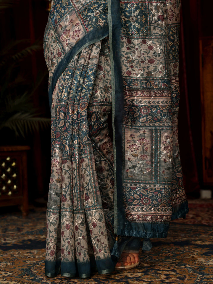 Libas Blue Floral Embroidered Silk Blend Saree