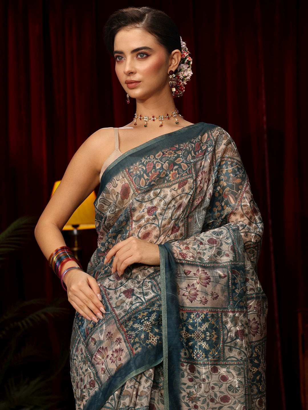 Libas Blue Floral Embroidered Silk Blend Saree