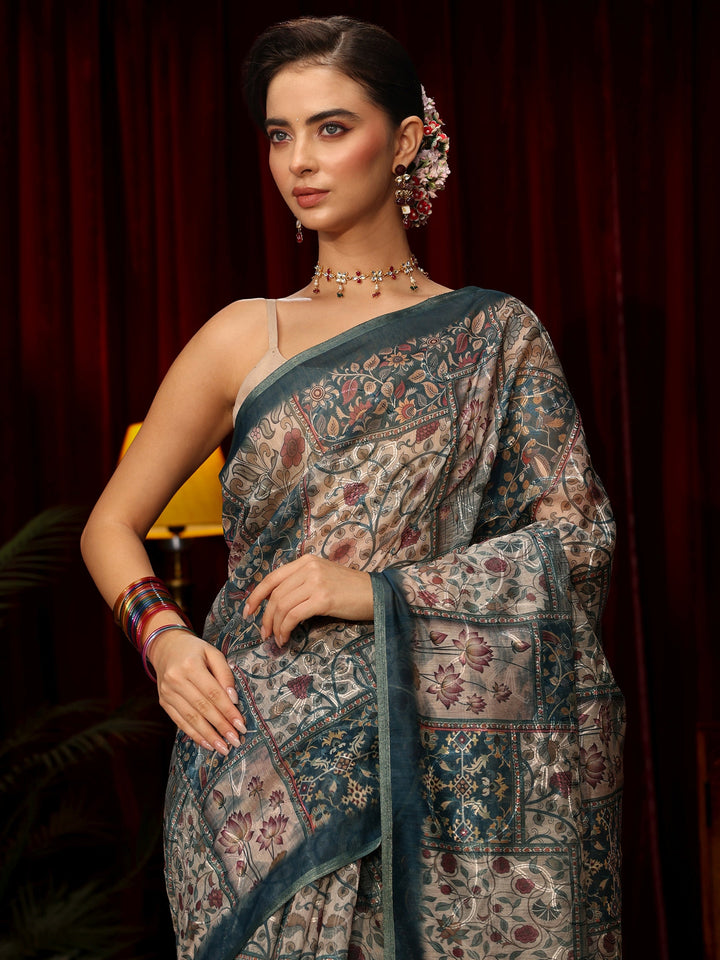 Libas Blue Floral Embroidered Silk Blend Saree
