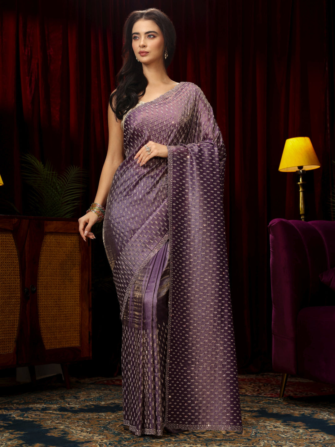 Libas Art Purple Stone Work Embellished Tissue Saree