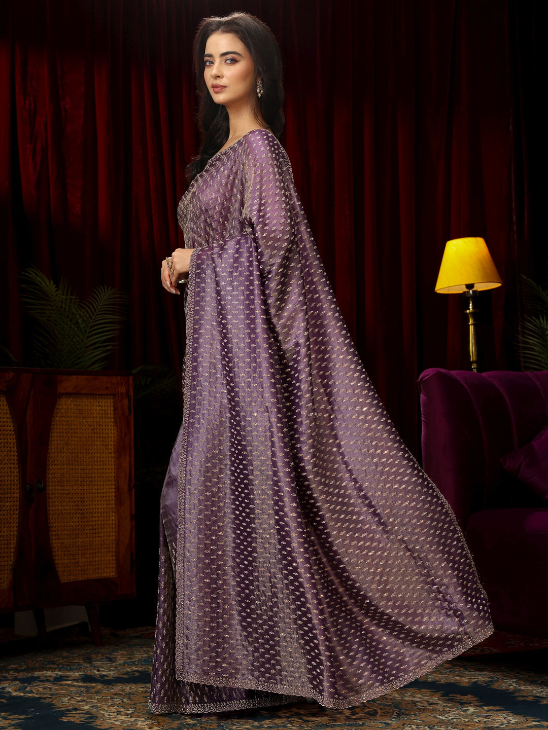 Libas Art Purple Stone Work Embellished Tissue Saree