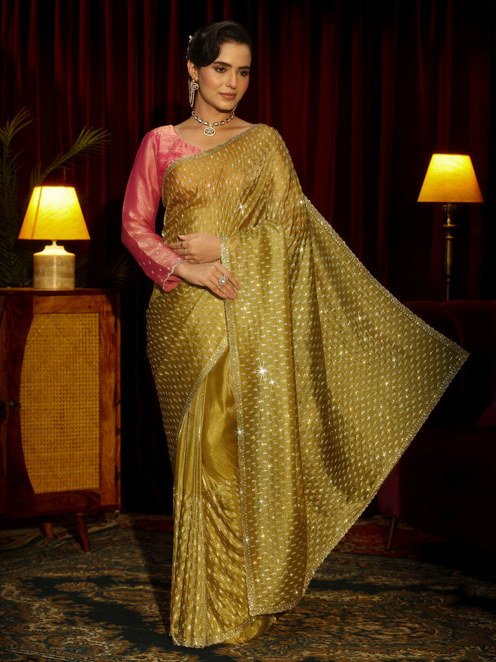 Libas Art Mustard Embellished Tissue Saree