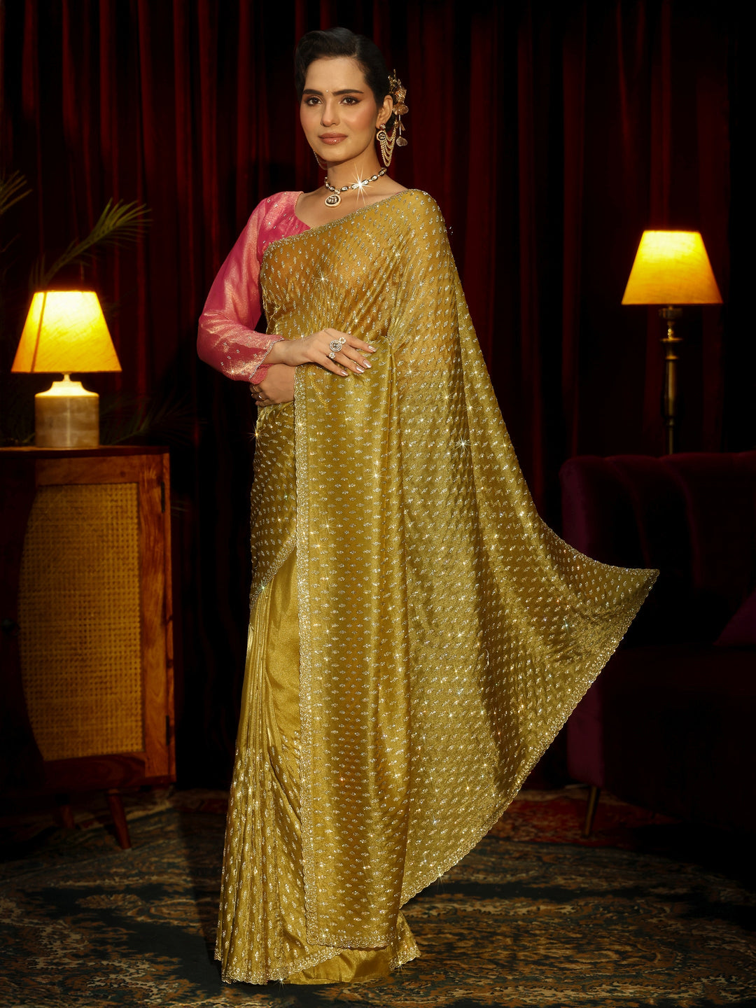 Libas Art Mustard Embellished Tissue Saree
