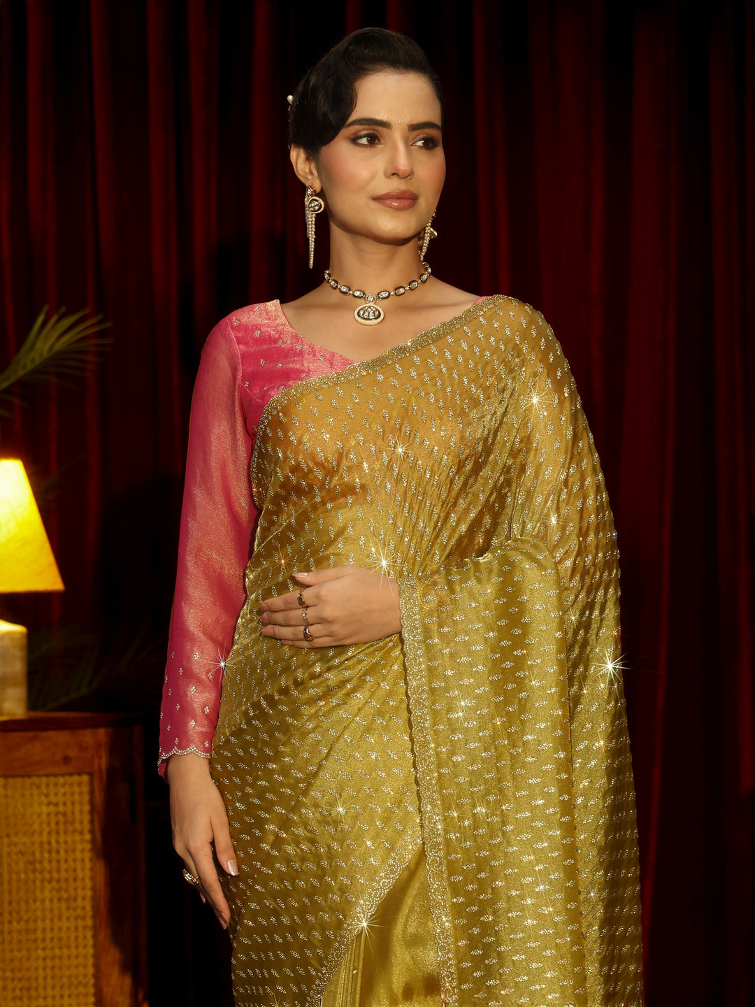 Libas Art Mustard Embellished Tissue Saree