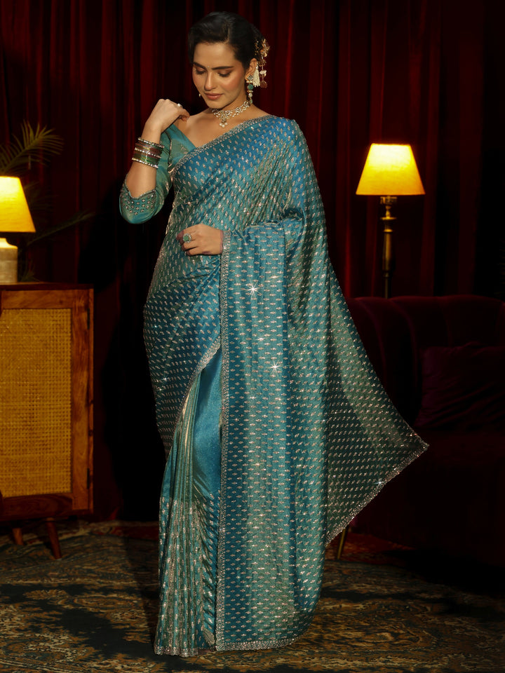 Libas Art Blue Embellished Tissue Saree