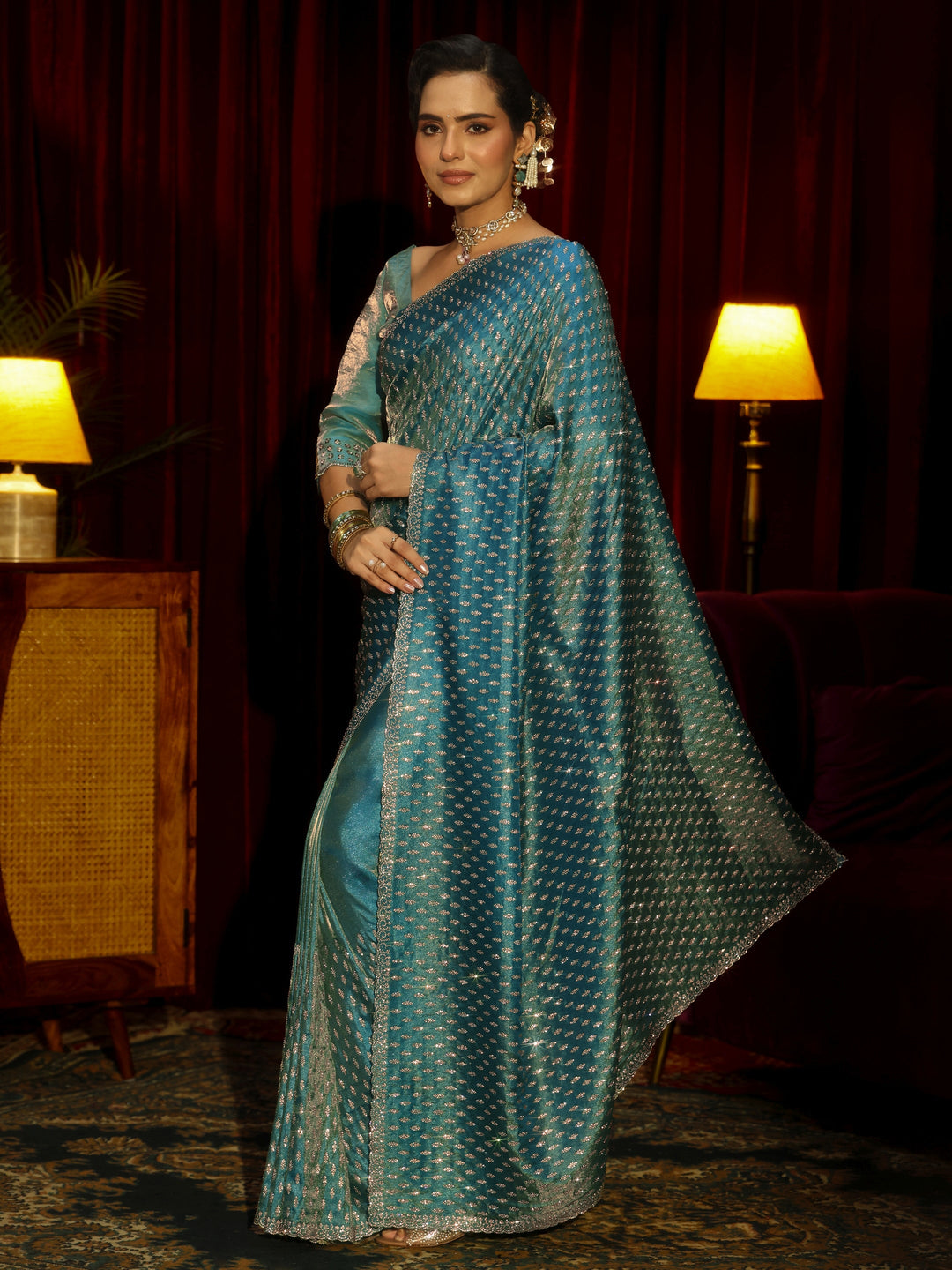 Libas Art Blue Embellished Tissue Saree