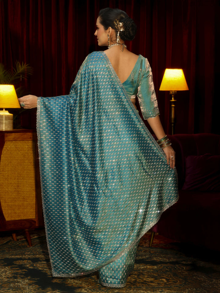 Libas Art Blue Embellished Tissue Saree
