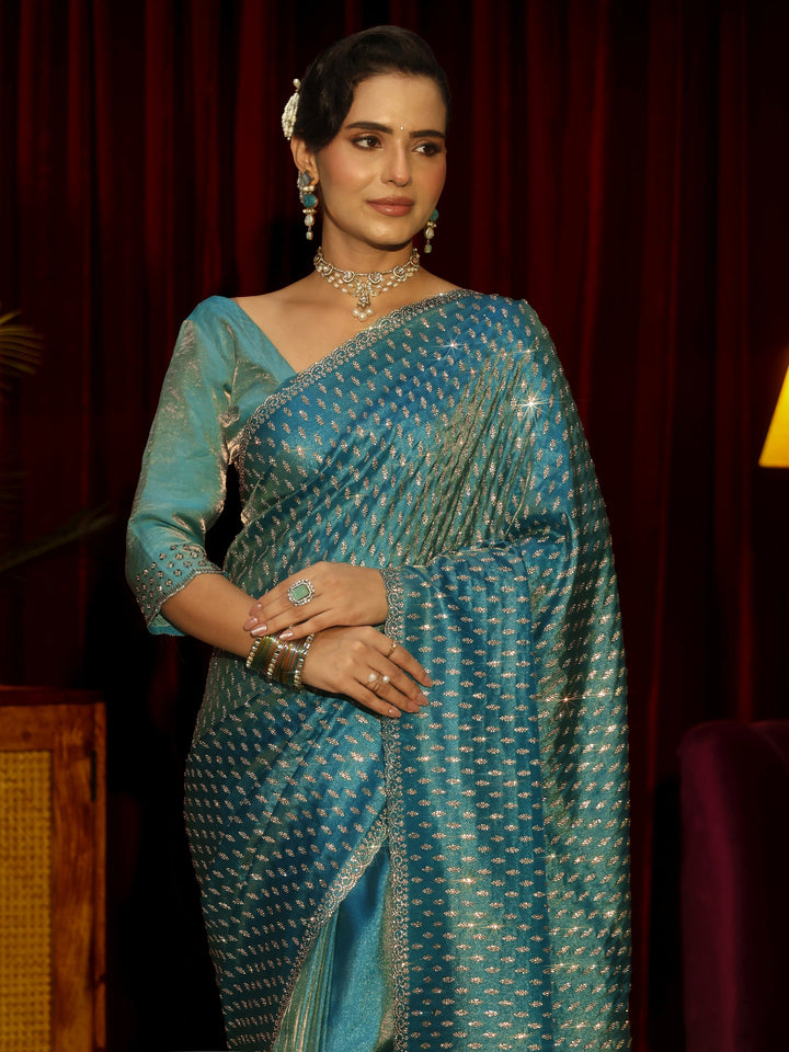 Libas Art Blue Embellished Tissue Saree