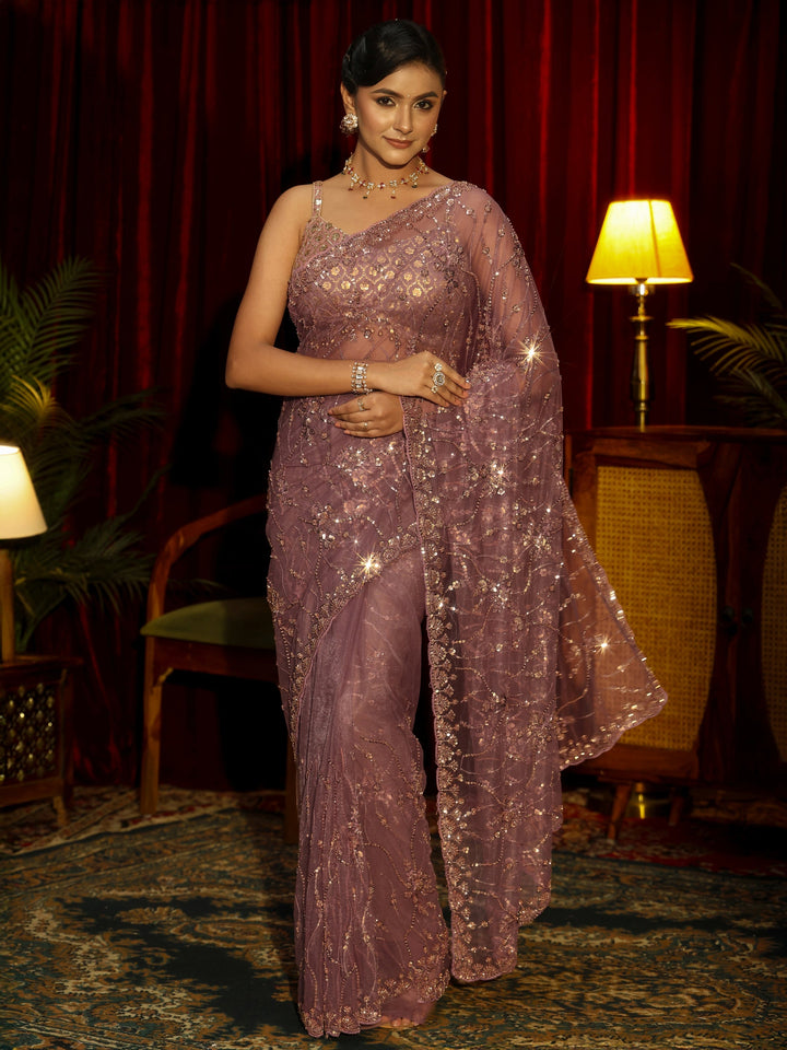 Libas Art Mauve Floral Embellished Net Saree