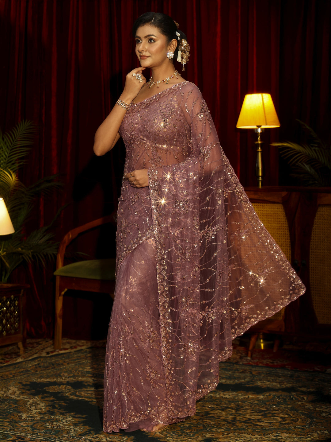 Libas Art Mauve Floral Embellished Net Saree