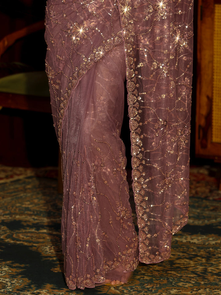 Libas Art Mauve Floral Embellished Net Saree