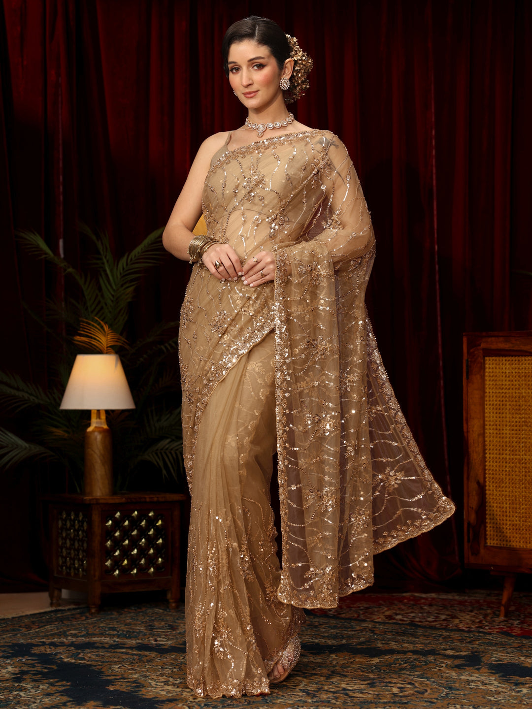 Libas Art Golden Sequin Embellished Net Saree