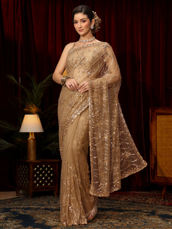 Libas Art Golden Sequin Embellished Net Saree