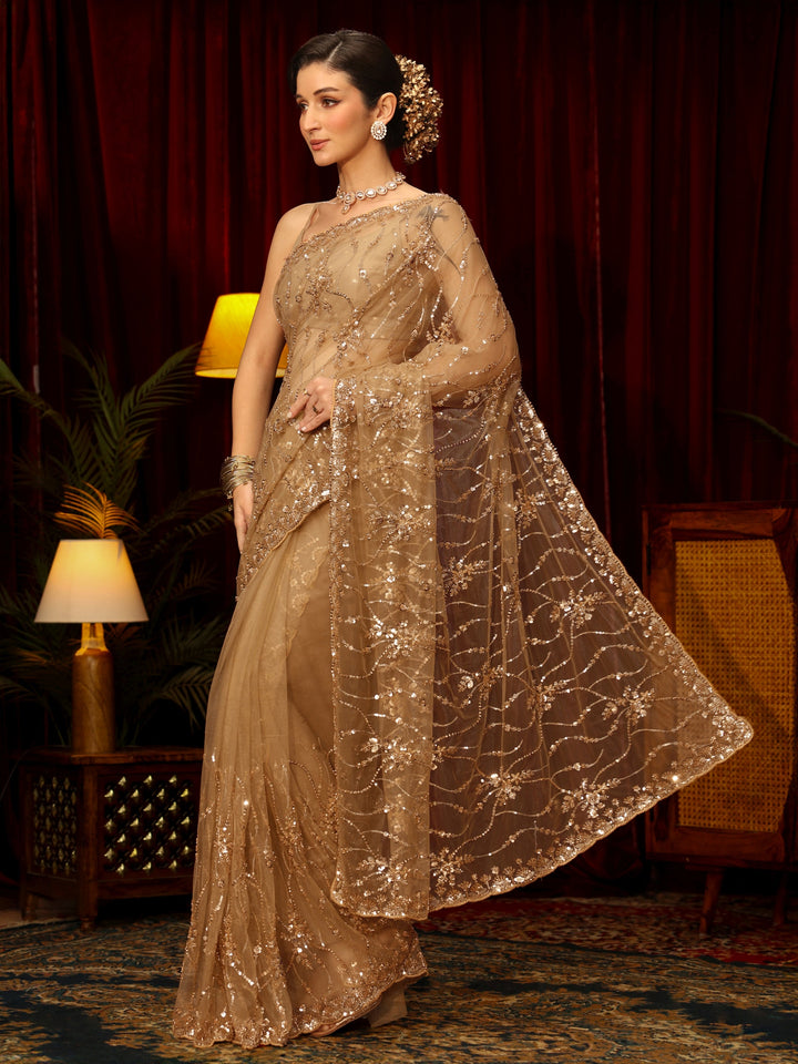 Libas Art Golden Sequin Embellished Net Saree