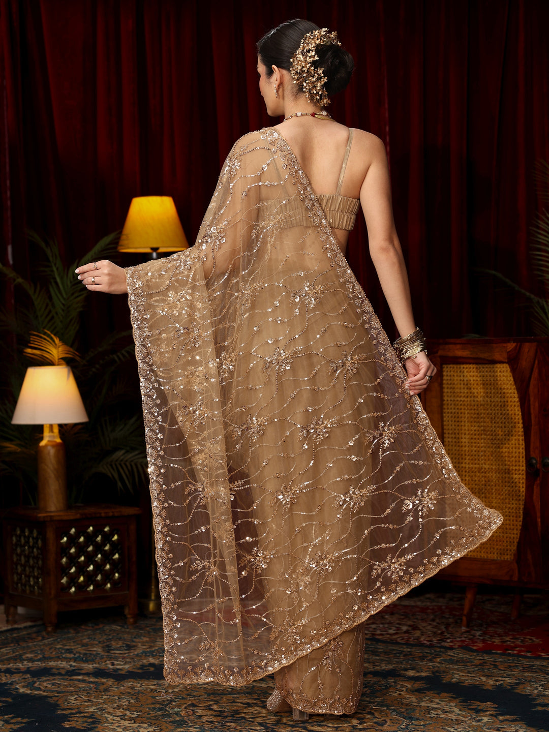 Libas Art Golden Sequin Embellished Net Saree