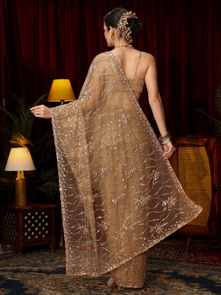 Libas Art Golden Sequin Embellished Net Saree
