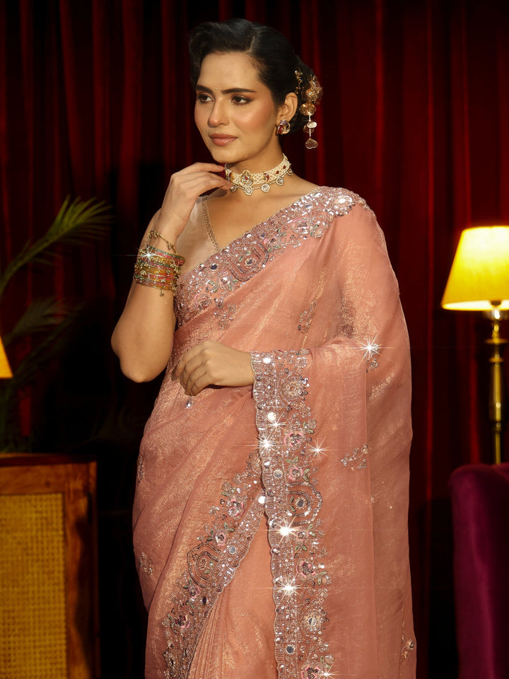 Libas Art Peach Pink Floral Embellished Organza Saree