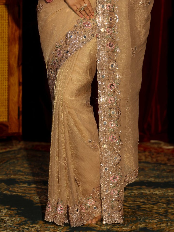 Libas Art Golden Floral Embellished Organza Saree