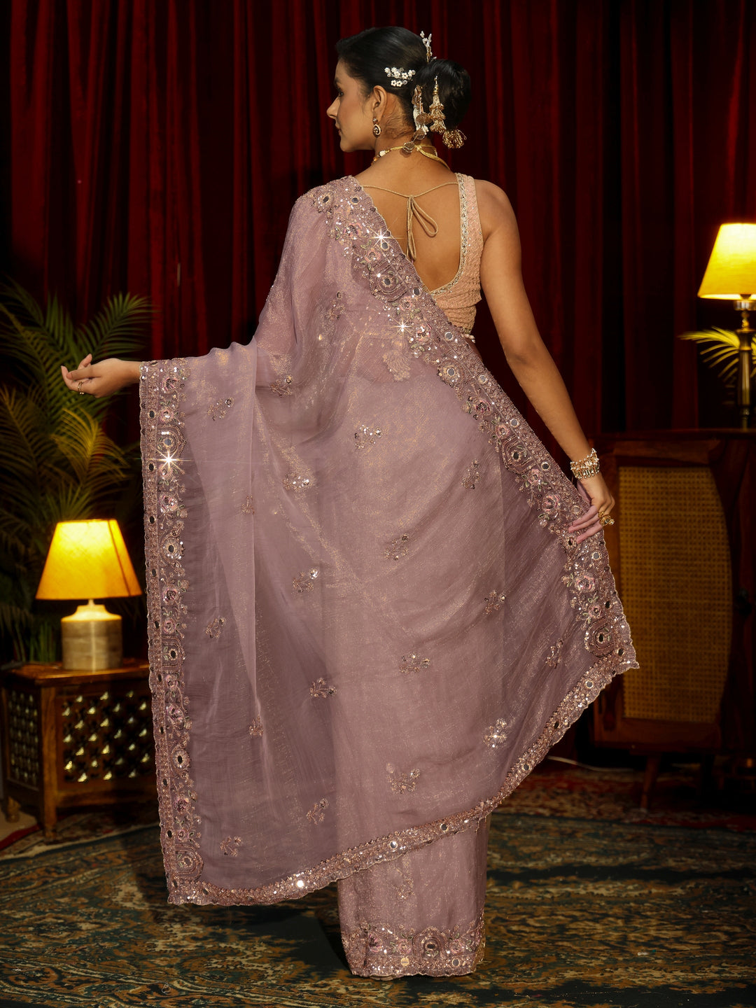 Libas Art Lavender Floral Embellished Organza Saree