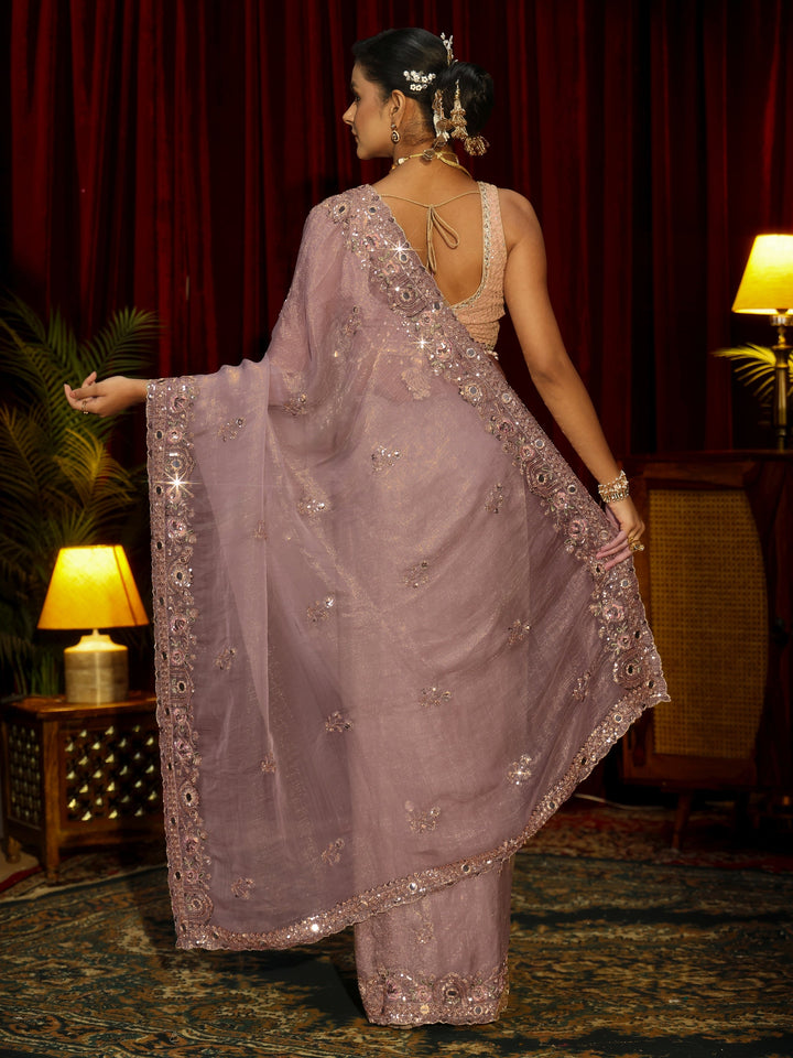 Libas Art Lavender Floral Embellished Organza Saree
