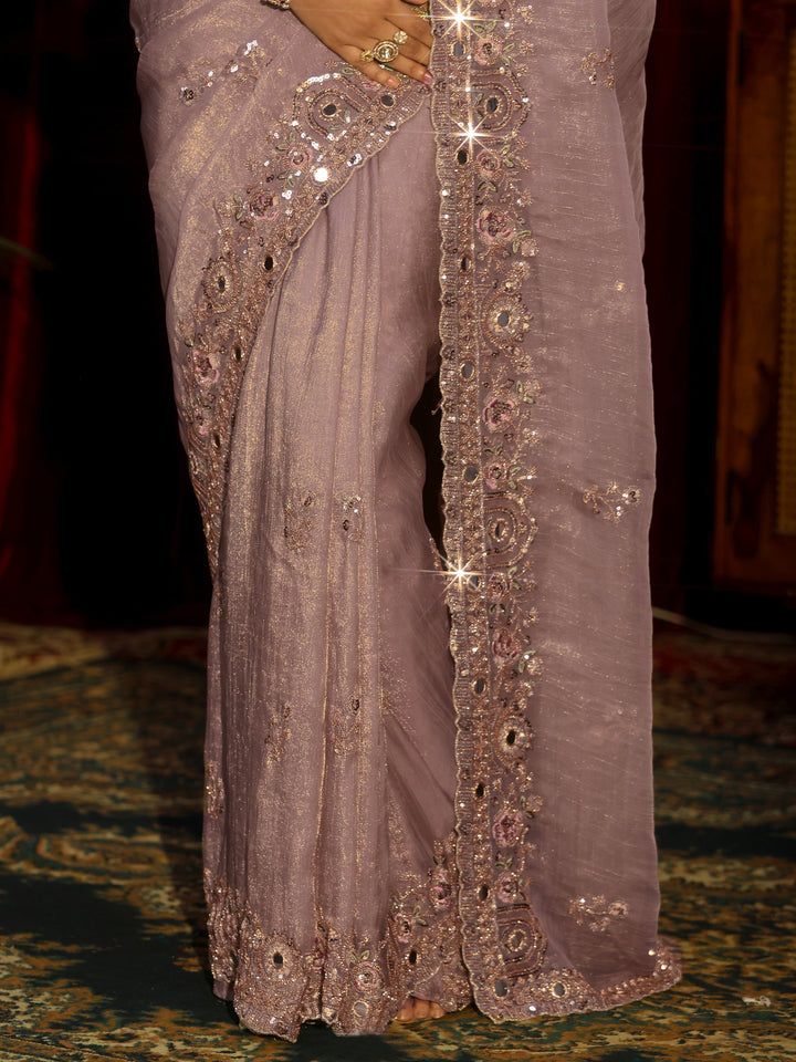 Libas Art Lavender Floral Embellished Organza Saree