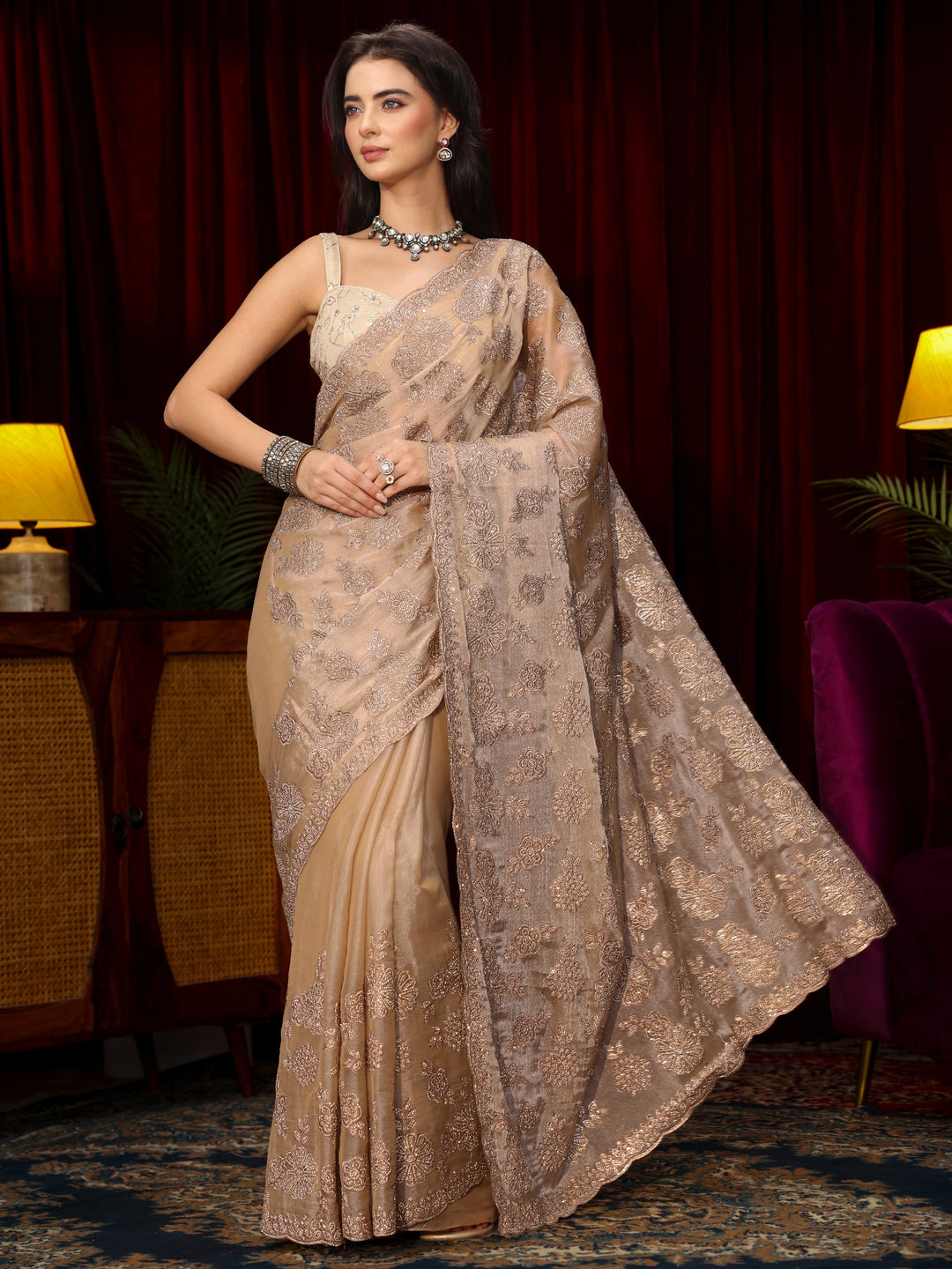 Libas Art Golden Stone Work Embellished Tissue Saree
