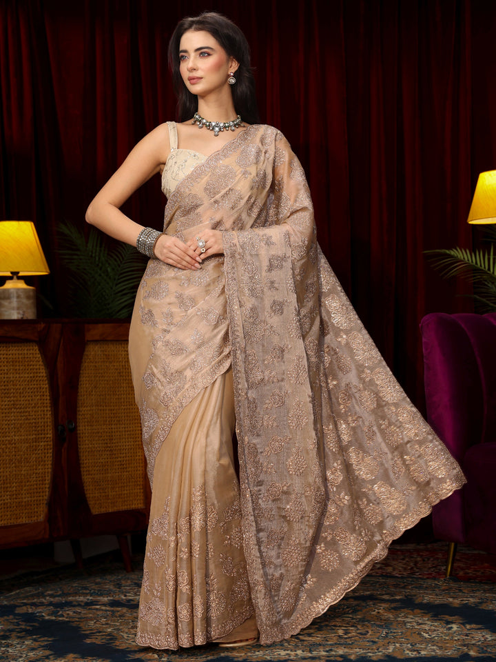 Libas Art Golden Stone Work Embellished Tissue Saree