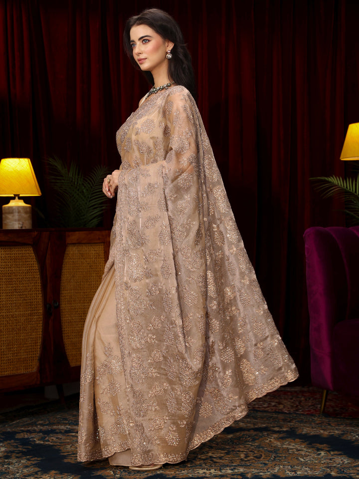 Libas Art Golden Stone Work Embellished Tissue Saree