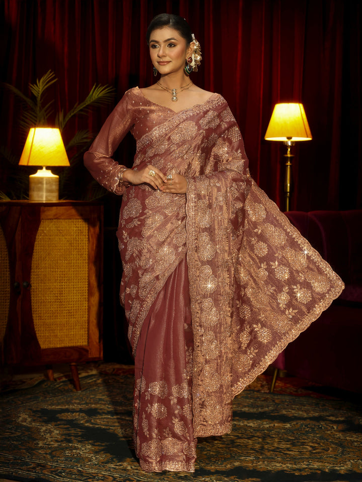 Libas Art Mauve Stone Work Embellished Tissue Saree