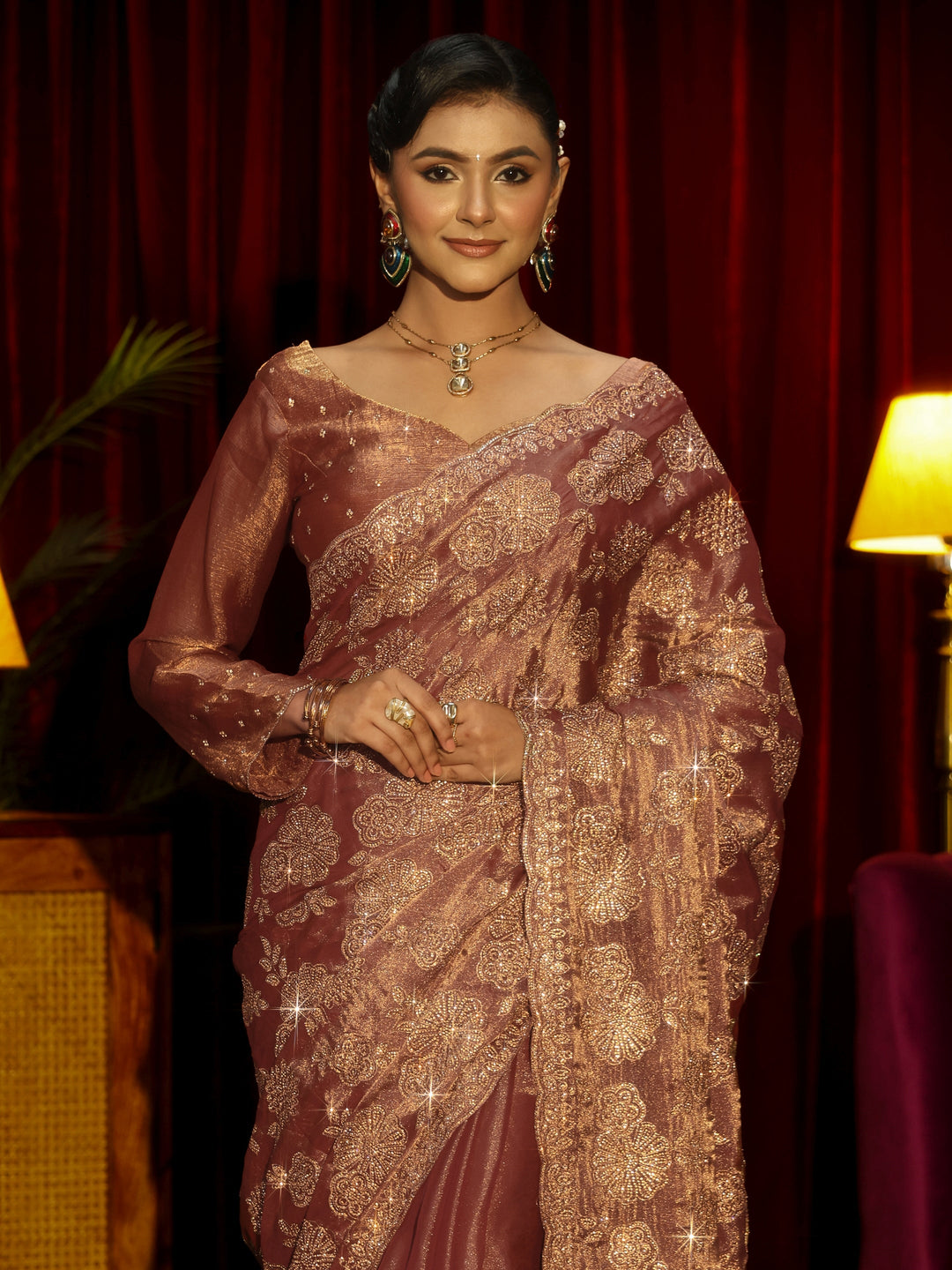 Libas Art Mauve Stone Work Embellished Tissue Saree