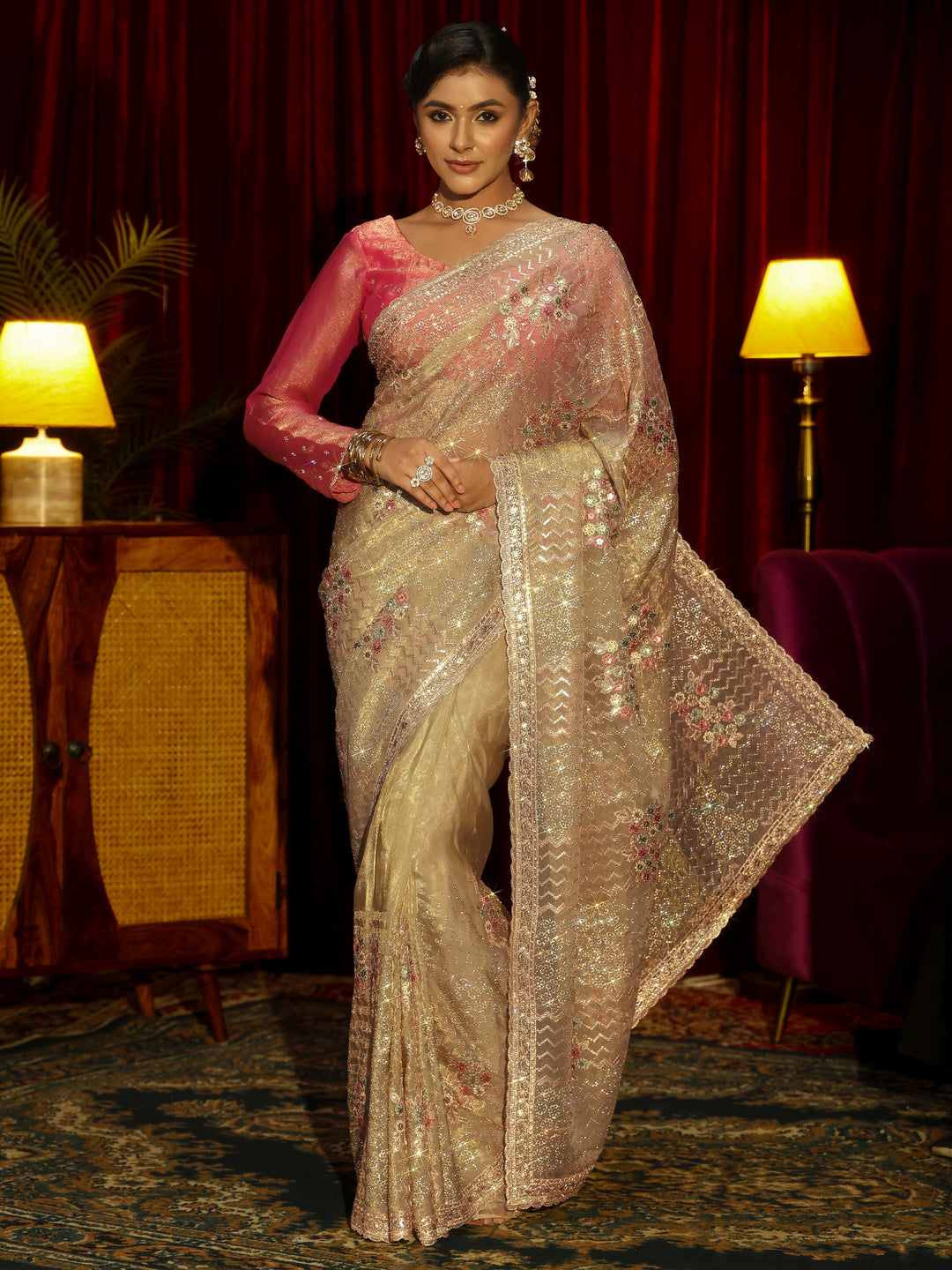 Libas Art Green Chevron Sequin Embellished Tissue Saree