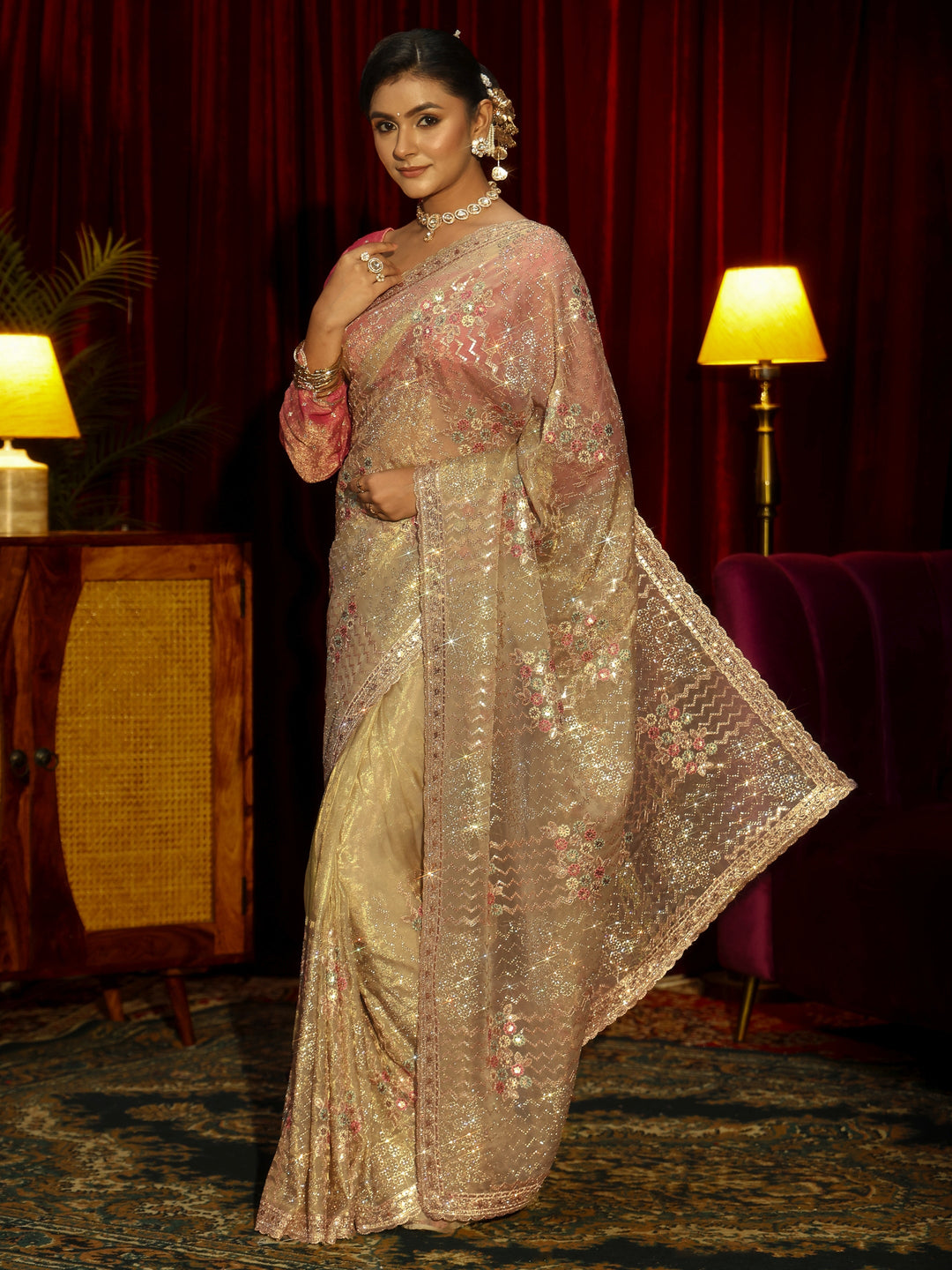 Libas Art Green Chevron Sequin Embellished Tissue Saree