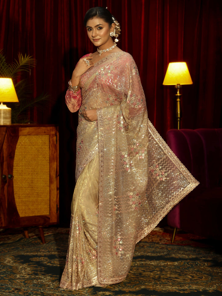 Libas Art Green Chevron Sequin Embellished Tissue Saree