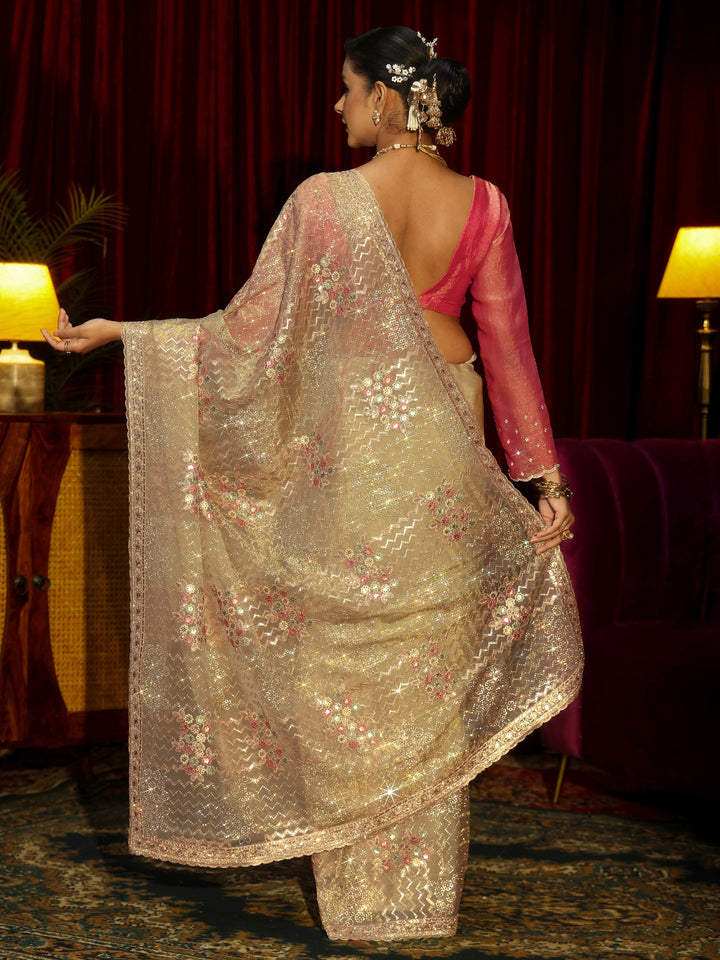 Libas Art Green Chevron Sequin Embellished Tissue Saree