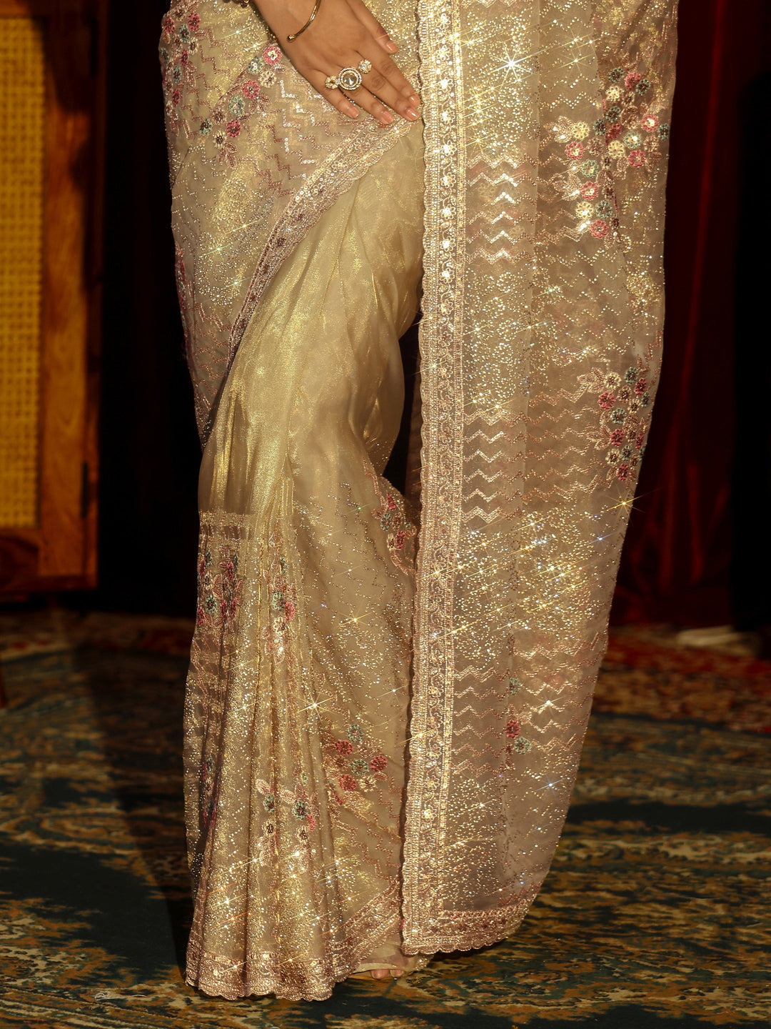 Libas Art Green Chevron Sequin Embellished Tissue Saree