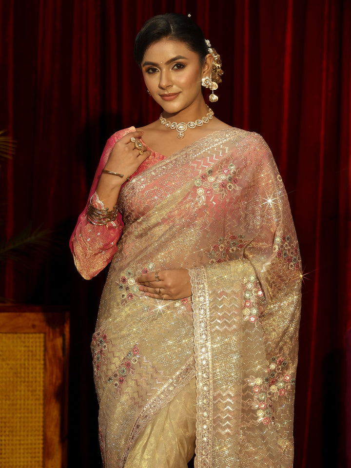 Libas Art Green Chevron Sequin Embellished Tissue Saree