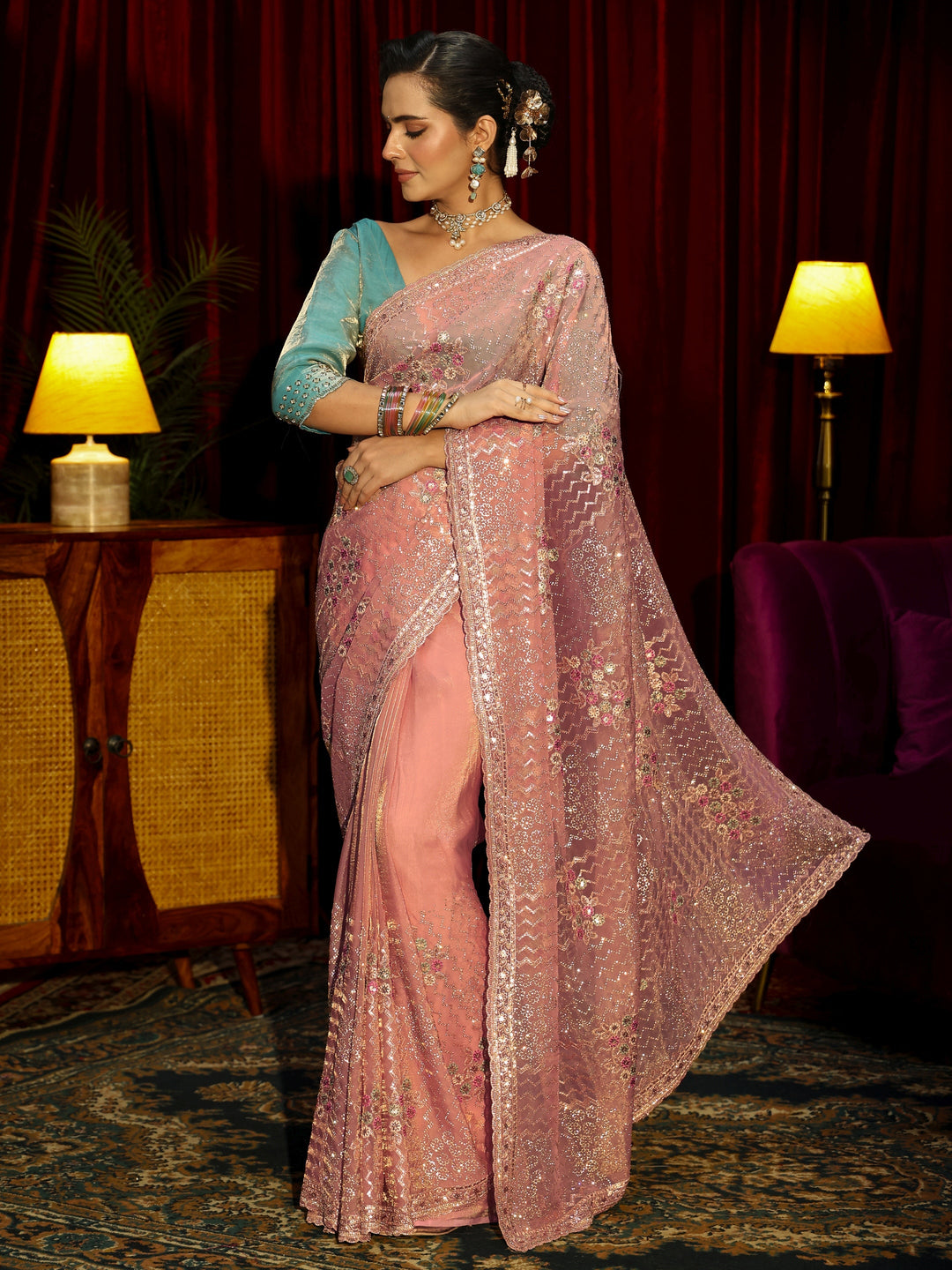 Libas Art Pink Chevron Sequin Embellished Tissue Saree